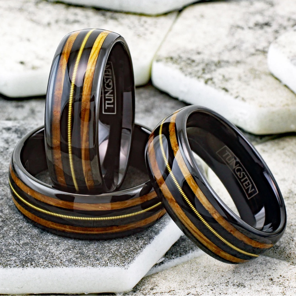 Awesome Polished Black Tungsten Low Dome Ring With Genuine Guitar String